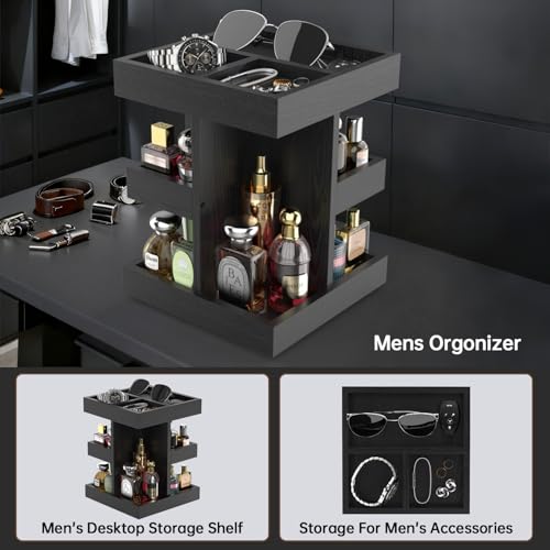 Cologne Organizer for Men Rotating Bathroom Counter Organizer, 3-Tier Solid Wood Storage Caddy, 360-Degree Rotating Stand, Burlywood (Black)
