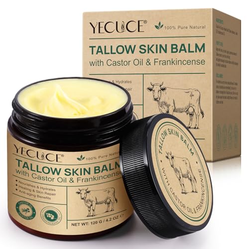 Tallow Castor Oil Frankincense Oil Skin Balm, 100% Grass-Fed Beef Tallow for Skin, Face & Body Moisturizer for Sensitive Skin (4.2 Fl Oz)