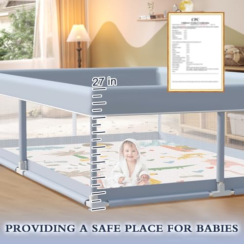 Baby Playpen with Mat 65 x 50 Inch - Indoor & Outdoor Toddler Play Yard, Skin-Friendly Fabric, Grey (Variation: With Mat)