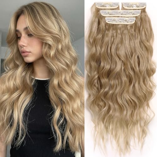 24 Inch Wavy Clip-In Hair Extensions - Honey Blonde Highlights, Left & Right Face-Framing Design