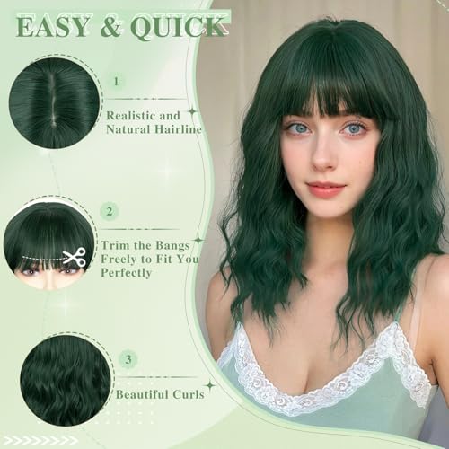 NAYOO Dark Green Wavy Bob Wig with Bangs - 14 Inch Short Green Synthetic Hair for Daily Wear & Cosplay