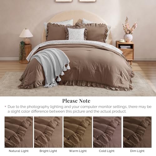 Amber Brown Queen Comforter Set with Ruffles & Floral Sheets - 7 Pieces