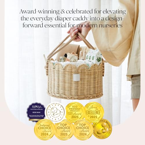 Natural Baby Diaper Caddy Organizer with Scalloped Rattan & Removable Divider - Stylish & Multi-Purpose