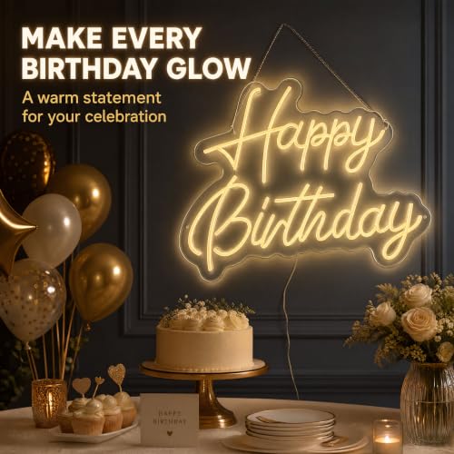 Happy Birthday Neon Sign - 22x16.9 Inch LED Dimmable Warm White Party Decor