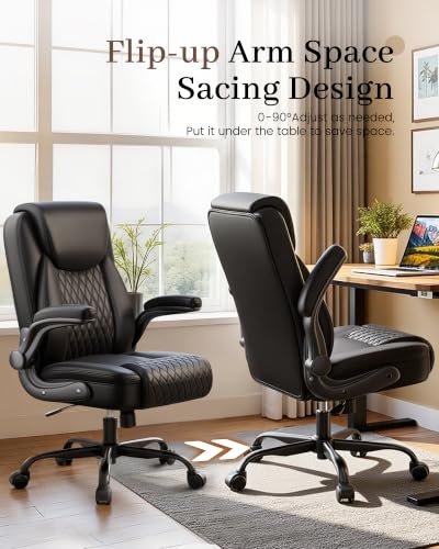 Ergonomic Mid-Back Office Chair with Flip-Up Arms - Black, Lumbar Support, Rocking Function