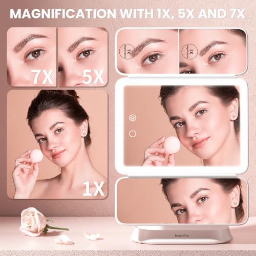Pearly White Makeup Mirror with Lights and 7X/5X/1X Magnification - Detachable, Portable Vanity Mirror