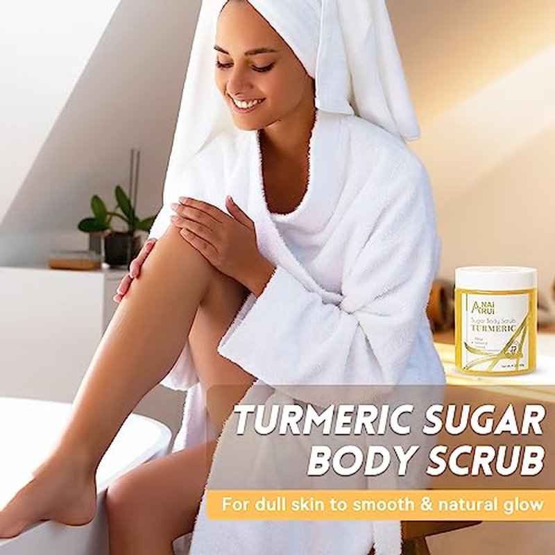 ANAI RUI Turmeric Body Scrub Exfoliator, Sugar Scrub for Exfoliating, Smoothing, Hydrating Skin, Face & Body Scrub with Turmeric, Face Body Hand and Foot Scrub, Moisturizing Body SkinCare, 9 OZ