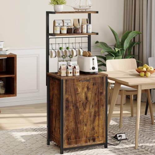 Bakers Rack with Power Outlet and Trash Can Storage - Kitchen & Dining Organizer