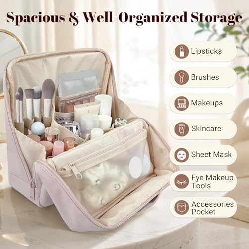 Standing Makeup Bag for Women Large Travel Cosmetic Organizer - Light Pink