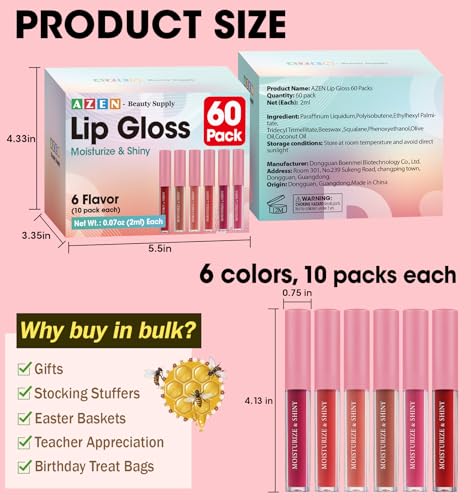 AZEN 60 Pack Lip Gloss Set - Varied Shimmery Colors A-60P