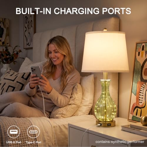 Oneach 22-Inch Green Glass Table Lamp with Fairy Lights and USB Charging - Nightstand Accent Light - Variation of THIS listing