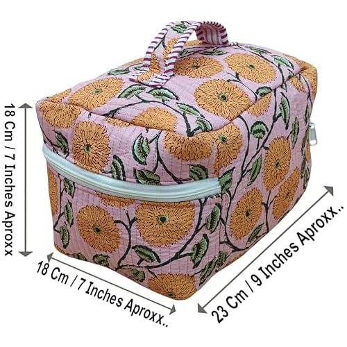 Rastogi Handicrafts Quilted Floral Cosmetic Bag, Organizer Bag Patterns, Striped Handle, Zipper Closure, Travel Make up Storage (Orange)