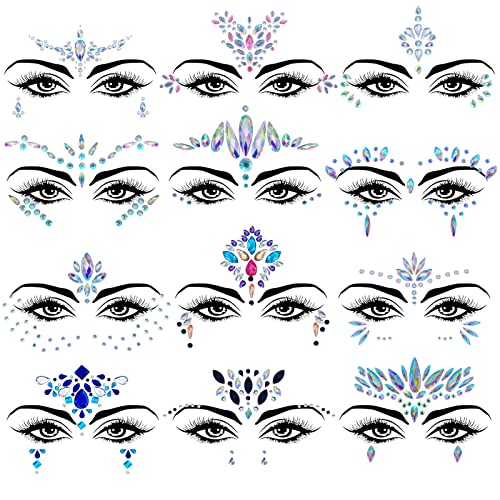 12 Sets Face Gems Mermaid Face Jewels Rhinestone Rave Face Gems Temporary Tattoos Crystal Face Jewels Stickers for Race Carnival Festival Party