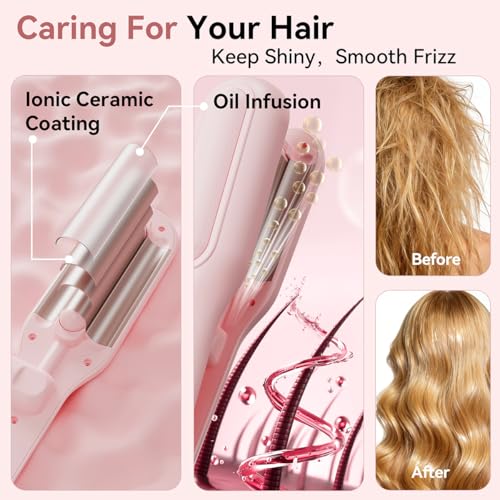 Pink Adjustable Curling Iron 1.25 Inch Waver for Beach Waves & Tight Curls