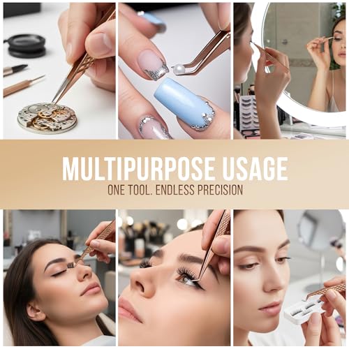 Rose Gold Fiber Tip Eyelash Extension Tweezers 5 Pcs Set with Leather Case