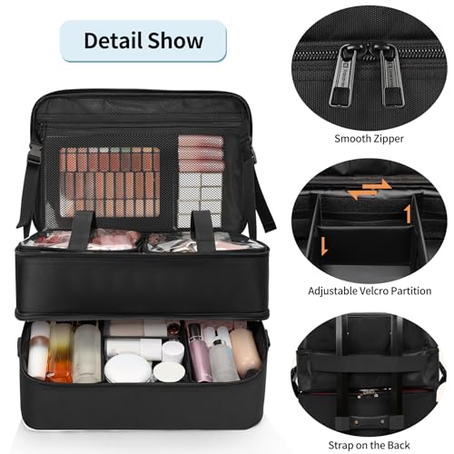 Extra Large Makeup Case, Professional Makeup Artist Traveling Bag, Double Layer Lightweight XL Makeup Travel Case Organizer for Artist Hairstylist Crafters with 2 Detachable Pouch & Shoulder Strap