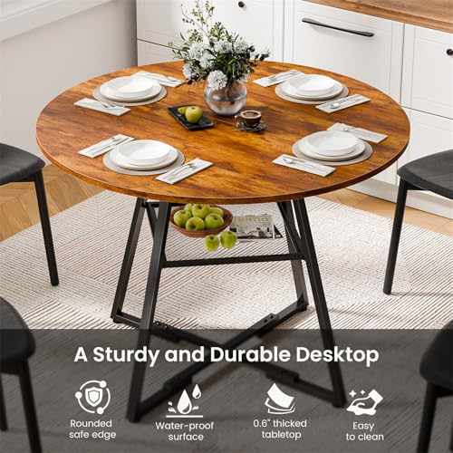 DUMOS Vintage 42-Inch Round Dining Table with Dual-Tier Storage