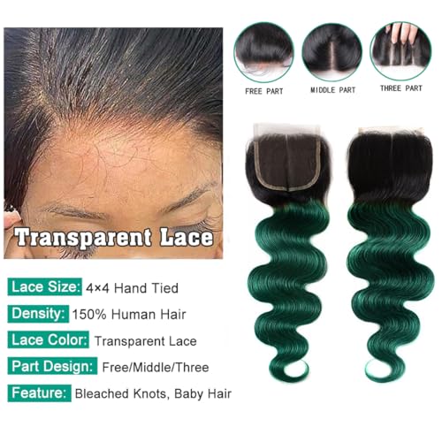 14 Inch Green Lace Closure Body Wave Human Hair Extensions - Ombre Pre Plucked With Baby Hair