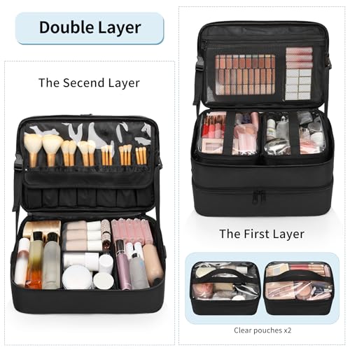 Extra Large Makeup Case, Professional Makeup Artist Traveling Bag, Double Layer Lightweight XL Makeup Travel Case Organizer for Artist Hairstylist Crafters with 2 Detachable Pouch & Shoulder Strap