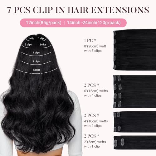 Clip-In Hair Extensions Human Hair 16 Inch Jet Black 120g 7pcs