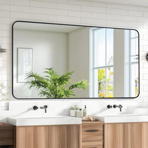 Large 55x30 Inch Rectangular Bathroom Mirror with Rounded Corners - Black Wall Mount