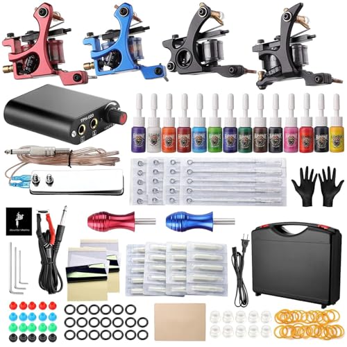 Purple Complete Tattoo Kit with 4 Machines, Power Supply, 14 Ink Colors & Accessories