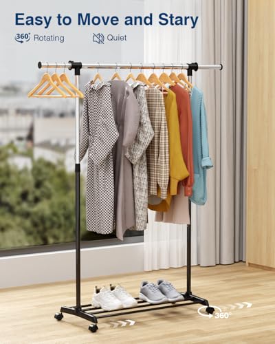 Heavy Duty Adjustable Garment Rack with Wheels - Black & Chrome, 34 x 17 x 69 inch