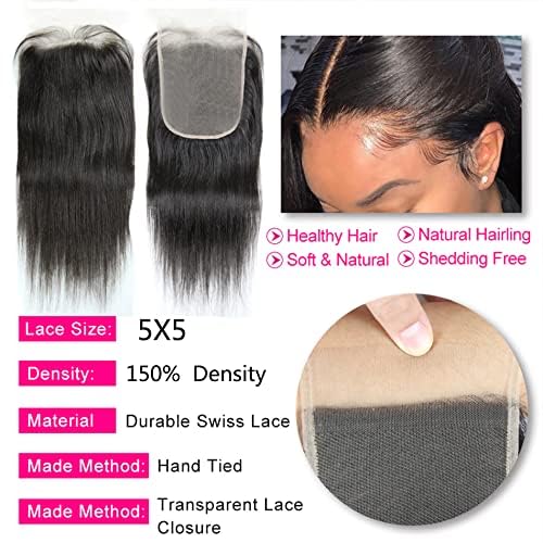 amzhair 5x5 HD Lace Closure Human Hair 12 Inch Straight Brazilian Virgin Pre-Plucked