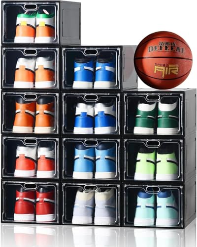 INSTY 12 Pack Black Stackable Clear Shoe Storage Boxes with Magnetic Doors - Fits US Size 12