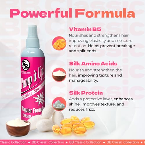Bronner Bros Pump It Up Styling Spritz Regular 80% ? Fast-Dry Hair Spray with Vitamin B5, Silk Amino Acids & Proteins ? Flexible Hold Finishing Spritz Hairspray, No Build-up or Stiffness ? 8oz