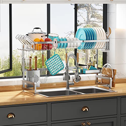 Over Sink Dish Drying Rack with Cup and Utensil Holder - Silver, 2 Tier, Adjustable Length