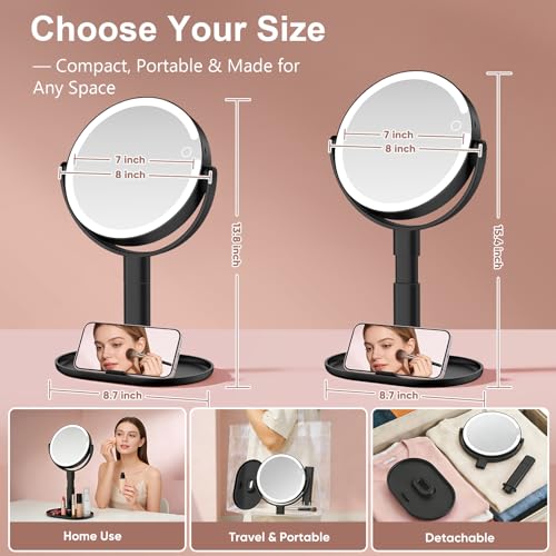 Lighted Makeup Mirror with 10X Magnification, Rechargeable LED Magnifying Vanity Mirror with 3 Lights, Adjustable Height, Storage Base and Phone Holder, Gifts for Women, Black, 7 inch