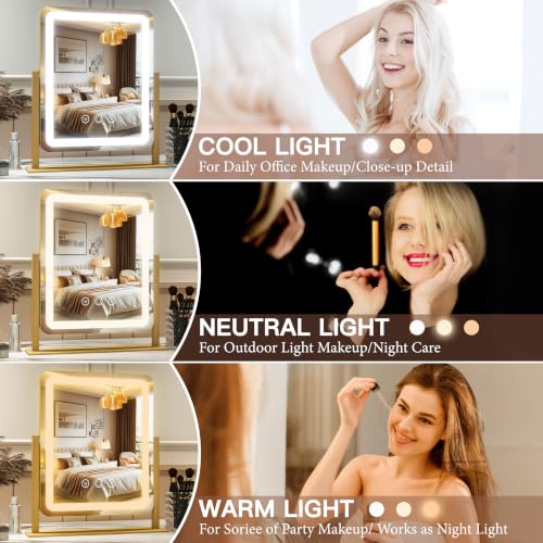 Lighted Vanity Mirror with Lights - 15x12.6 Inch LED Touch Screen, Dimmable & 3-Color Modes - Gold, Adjustable Brightness