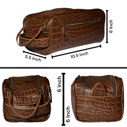 Premium Buffalo Leather Unisex Toiletry Bag Travel Kit (King Size) Shaving kit Accessories :Shaving Brush Case, Razor Protective Travel Case (Combo of 4 Items) (Crocodile Print)