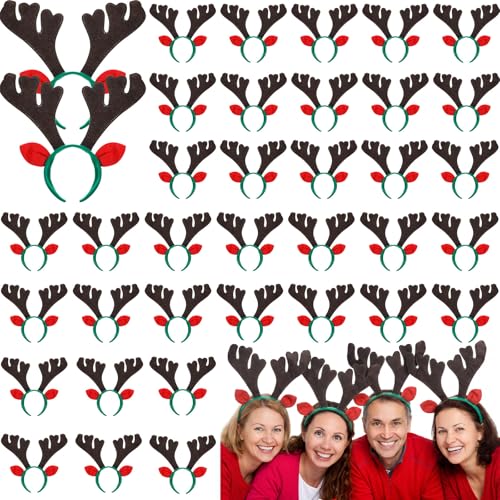 Christmas Reindeer Antlers Headband - Xmas Deer Horns with Ears, Red Brown, 13.39 x 11.81 Inches