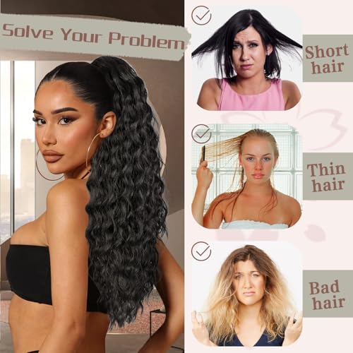 24 Inch Curl & Wavy Ponytail Extension for Black Women - Natural Black, Curly, Clip-In, Drawstring Style, Variation: Black Brown