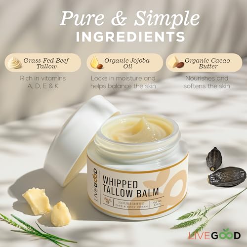 LIVEGOOD Whipped Tallow Balm, Grass Fed Beef Tallow for Skin with Vitamins A, D, E, K, Deeply Moisturizing Beef Tallow Moisturizer for Face and Body Hydration (2 oz)
