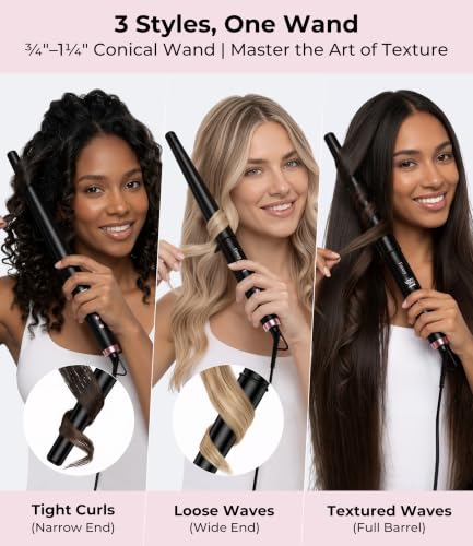 Farery Tapered Curling Wand with Extra Long 7.3-Inch Barrel, 3/4-1 1/4 Inch Conical, Adjustable Temperature