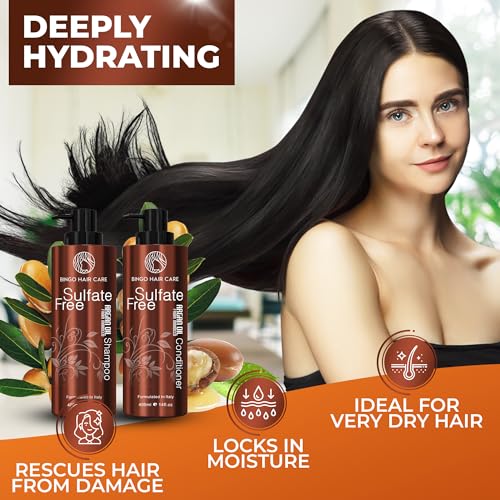 BINGO HAIR CARE Moroccan Argan Oil Shampoo & Conditioner Set - Sulfate Free, Anti Frizz, Deep Moisturizing for Curly & Damaged Hair - Argan Oil
