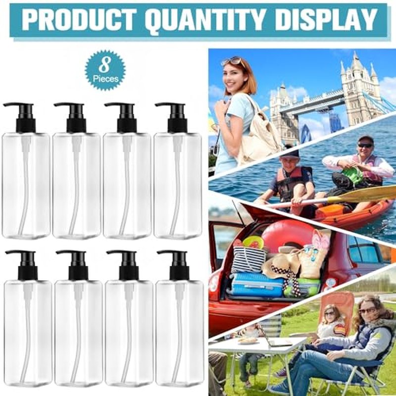 8 Pcs Empty Shampoo Bottles with Pump 16 Oz Plastic Soap Dispenser Refillable Body Wash Bottles for Bathroom, Kitchen Sink, Hotel, Salon(Transparent, Black)