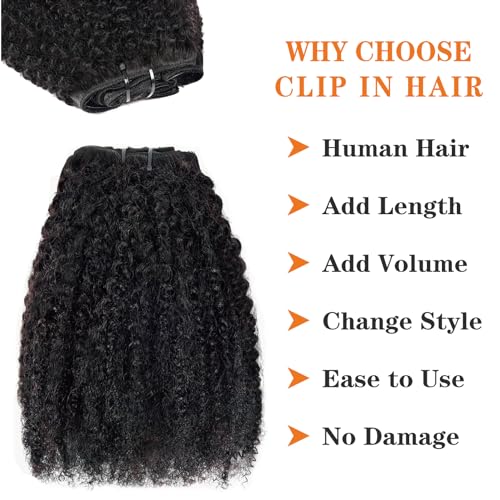 Yacurcur Natural Black Afro Kinky Curly Clip-Ins 24 Inch Human Hair Extensions