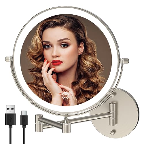 8-Inch Wall Mounted Lighted Makeup Mirror 1X/10X Magnification Brushed Nickel - Variation: Brushed Nickel / 8 Inch