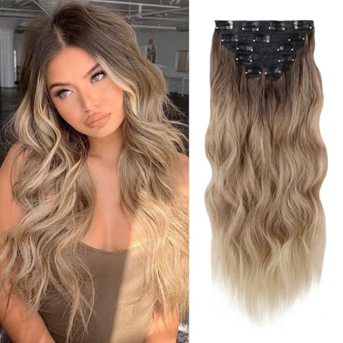 WECAN Clip-In Hair Extensions 24 Inch Ombre Blonde 6PCS Long Wavy Curly Hairpieces
