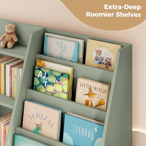 Tatub Upgraded 6-Tier Kids Wooden Bookshelf and Toy Storage with 4 Display Shelves, Sage Green