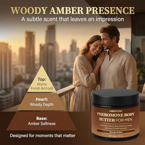Allaura Beauty Woody Amber Pheromone Body Butter for Men – Hydrating Fragrance Moisturizer with Shea & Coconut Oil