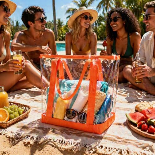 Reginary Clear Tote Bags 8-Pack with Zipper - Orange Polyvinyl, Security Approved for Travel & Events