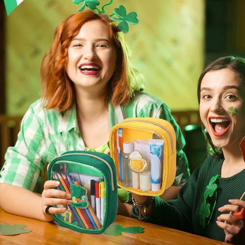 9 Pcs St. Patrick's Day Makeup Bag Set Clear PVC Shamrock Cosmetic Bag with Zipper Transparent Leprechaun Hat Pot of Gold Beer Chenille Makeup Pouch Irish Toiletry Organizer (6 "x 5")
