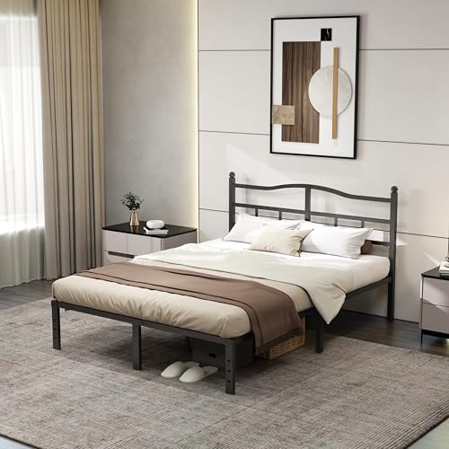 Queen Bed Frame with Headboard - 14 Inch Metal Platform Bed with Storage - Modern Black Finish - Easy Assembly, Noise-Free