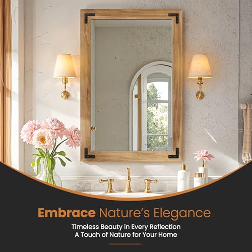 TRAHOME Rustic Brown Wood Framed Bathroom Vanity Mirror 24x36 with Black Metal Mount
