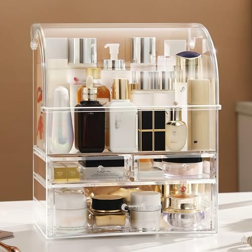 12.5in Clear Acrylic Makeup Organizer with Lid, Cosmetic Storage Drawer Box